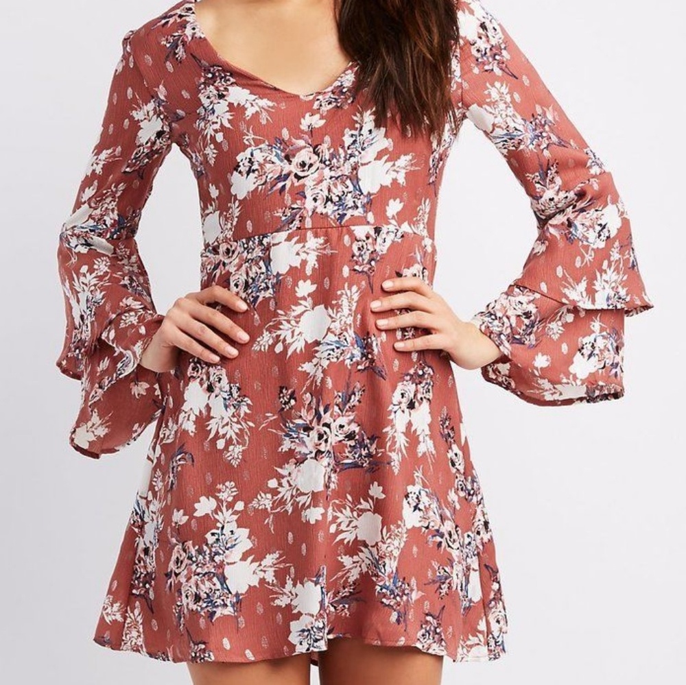 Floral double bell sleeve fit and flare dress